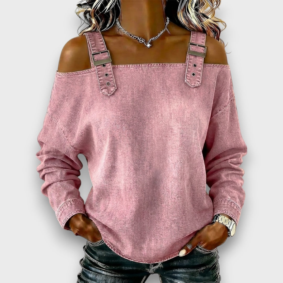 CASUAL BUCKLE STRAP DENIM TOP