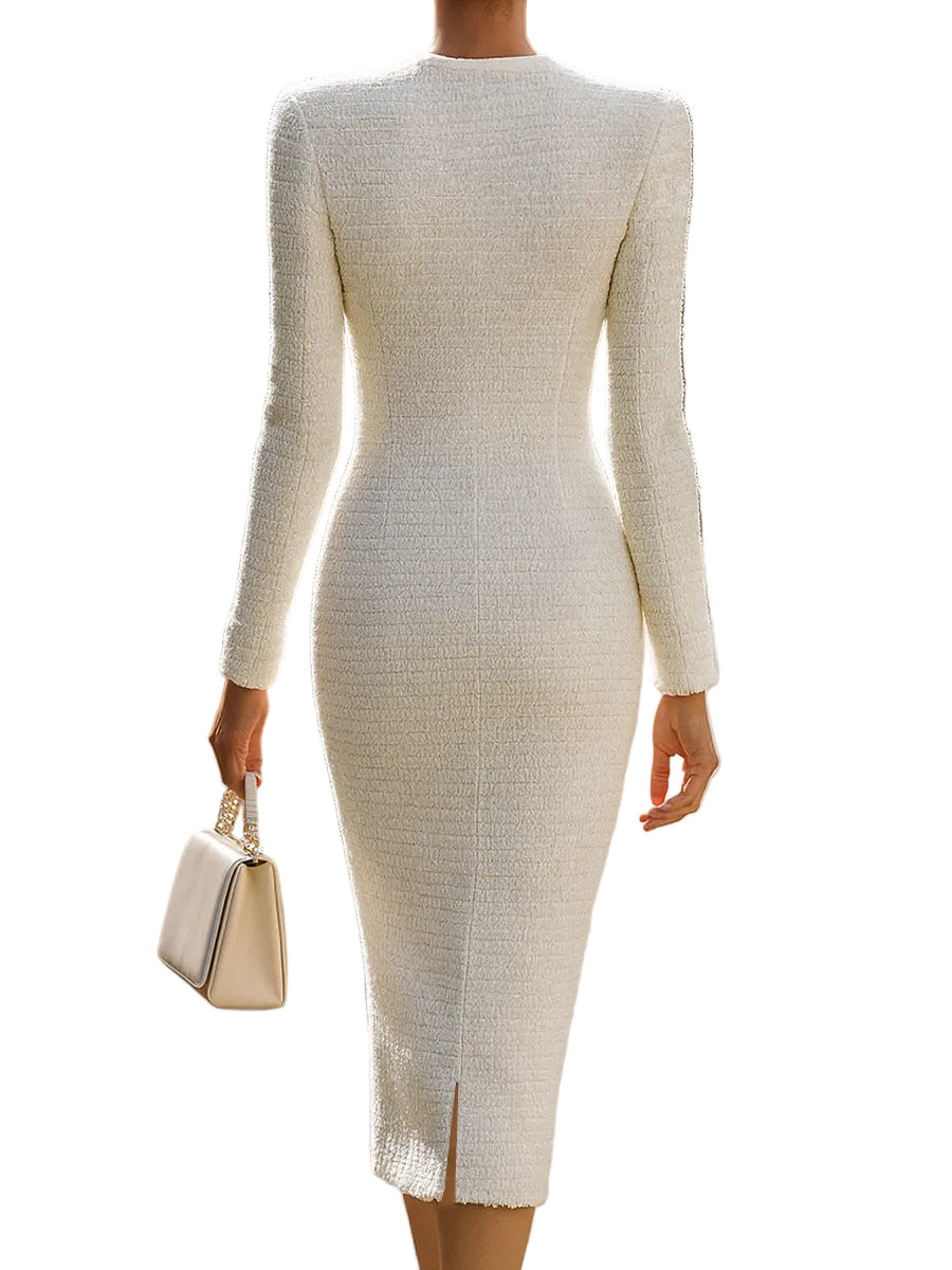 Ivory Tweed Button-Down Midi Dress With Patch Pockets