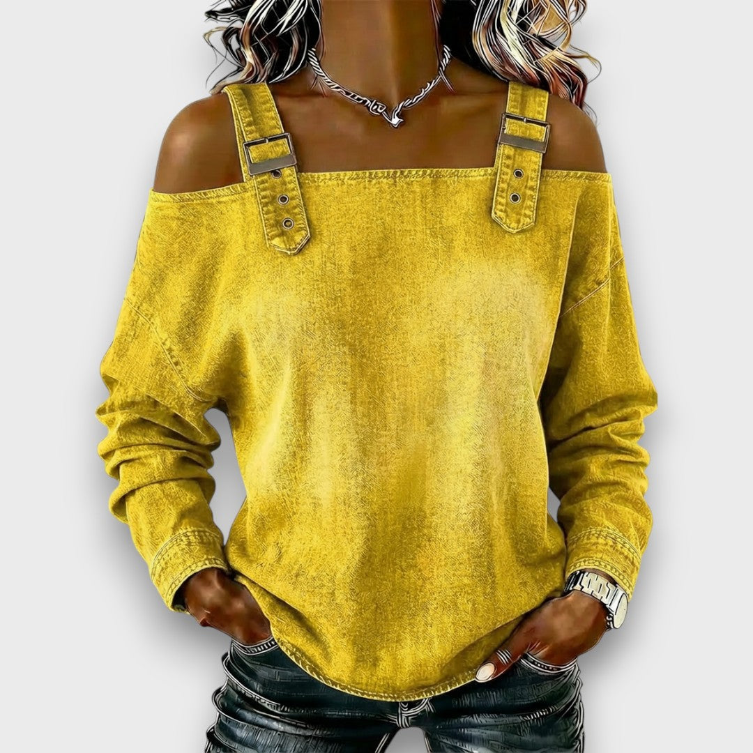 CASUAL BUCKLE STRAP DENIM TOP