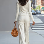 White stand-up collar zip-up wide-leg pant set
