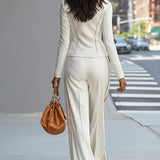 White stand-up collar zip-up wide-leg pant set