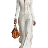 White stand-up collar zip-up wide-leg pant set