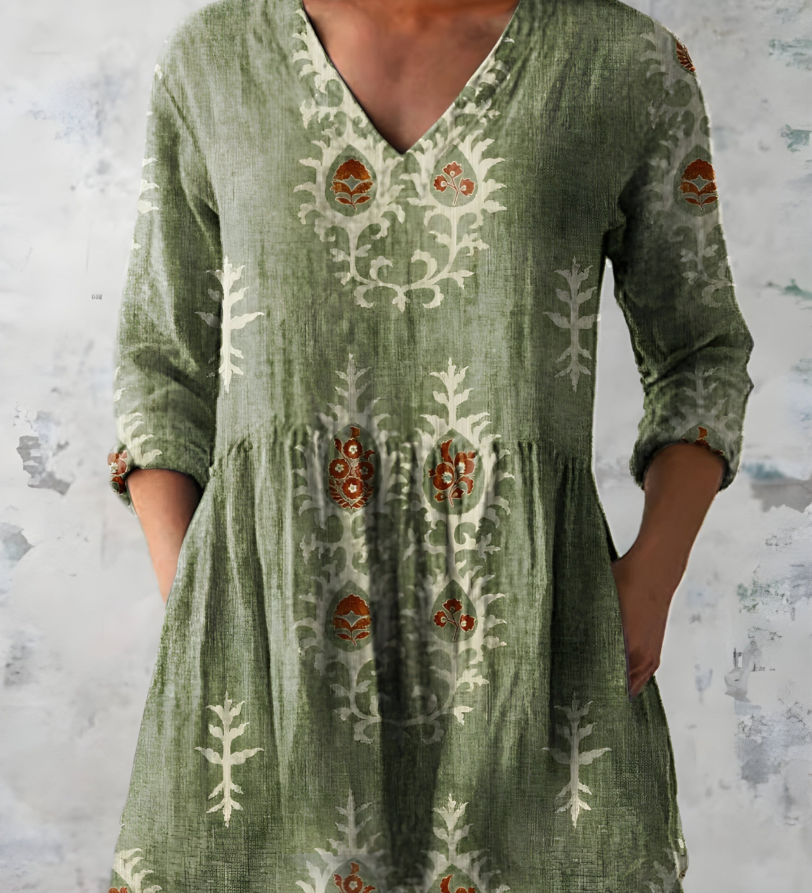 GREEN LONG BLOUSE WITH V-NECK 1