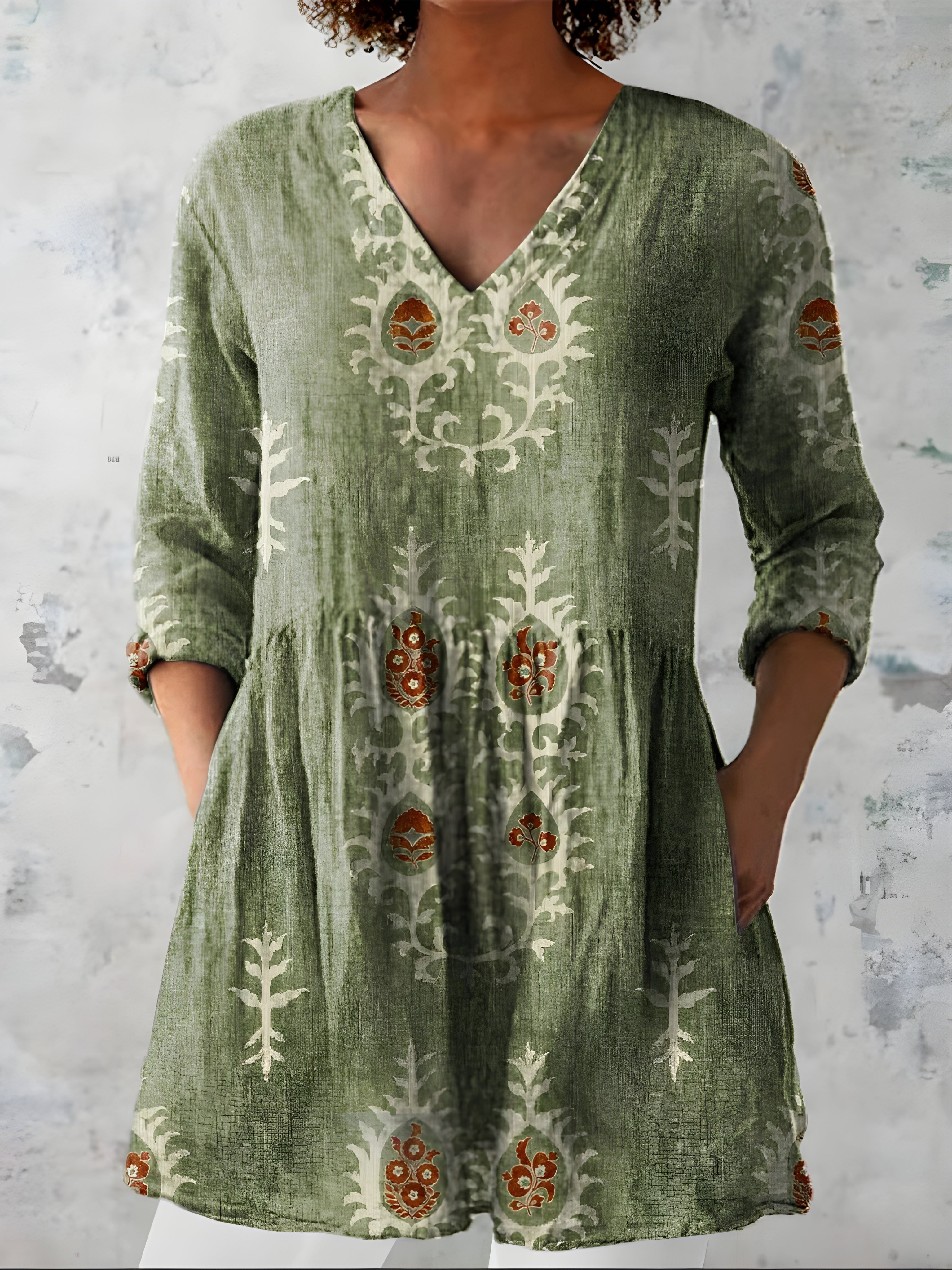 GREEN LONG BLOUSE WITH V-NECK 1