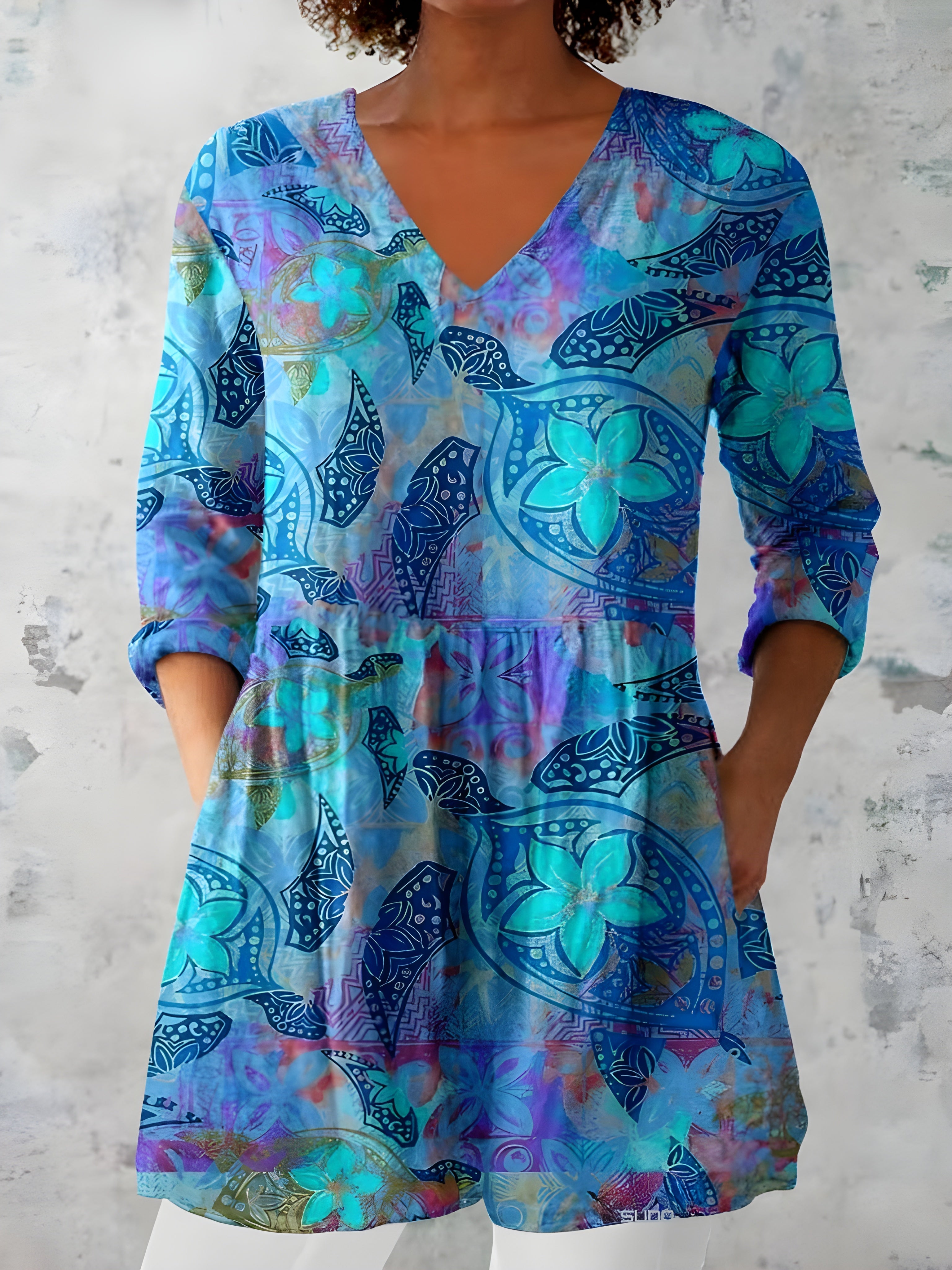 BLUE LONG BLOUSE WITH V-NECK 1