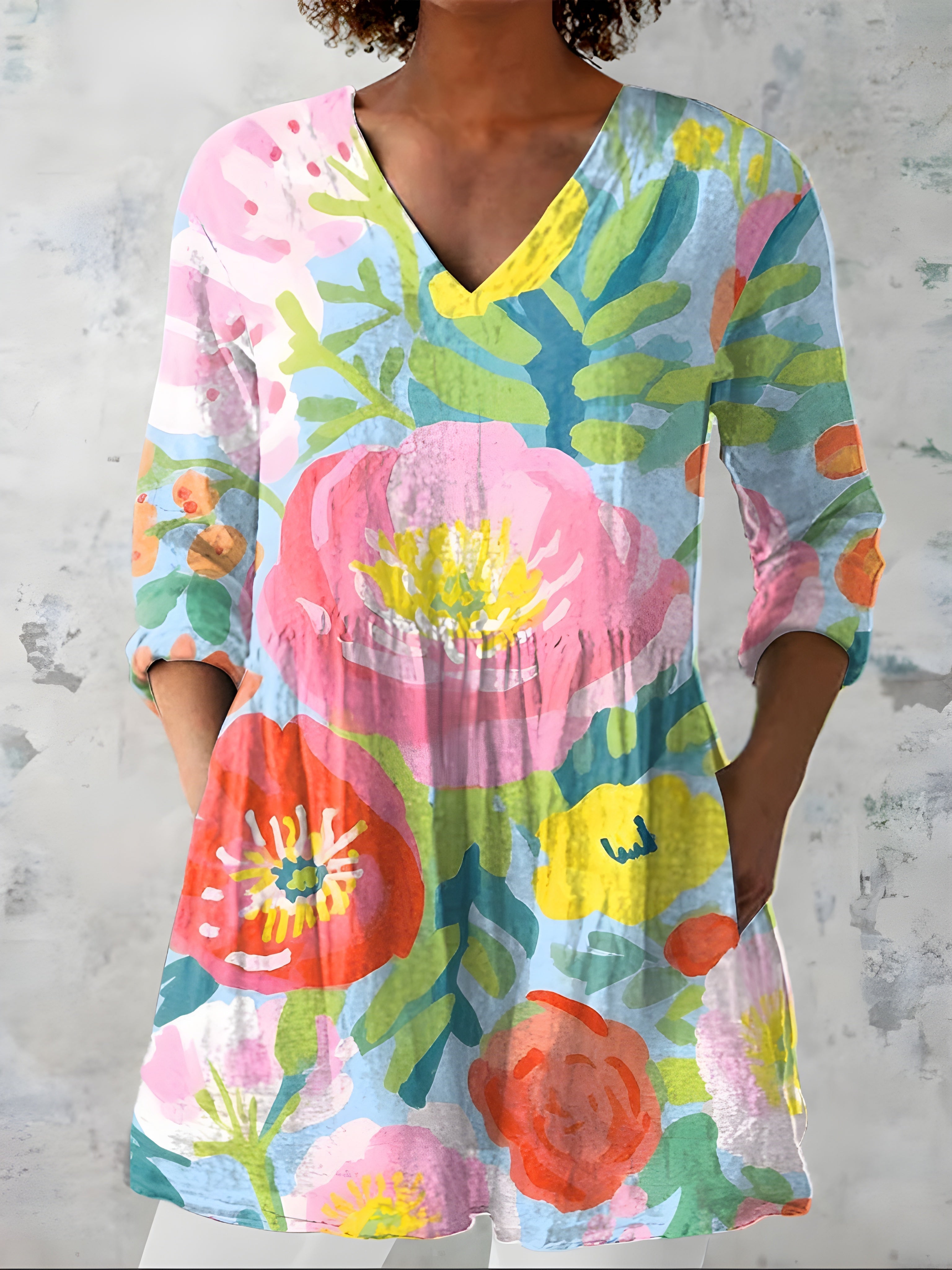 MULTICOLOUR LONG BLOUSE WITH V-NECK 14
