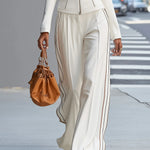 White stand-up collar zip-up wide-leg pant set