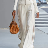 White stand-up collar zip-up wide-leg pant set