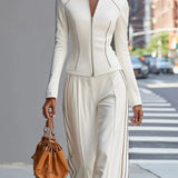 White stand-up collar zip-up wide-leg pant set