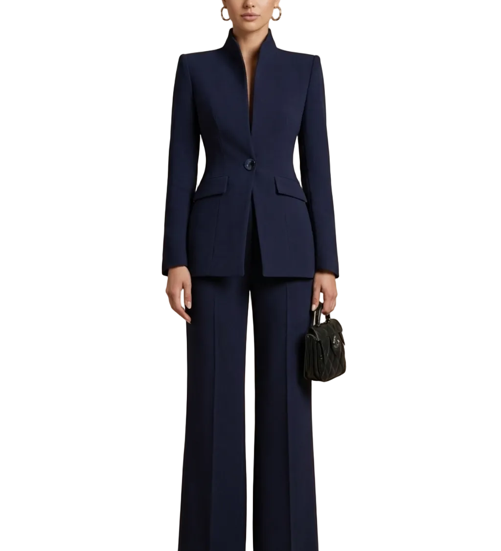 Two-Piece Suit Set - Sophisticated High-Collar Blazer & Wide-Leg Trousers Set