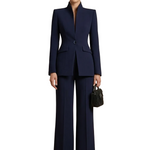 Two-Piece Suit Set - Sophisticated High-Collar Blazer & Wide-Leg Trousers Set