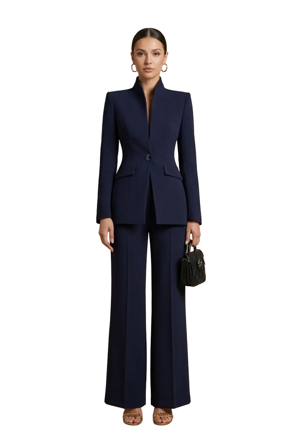 Two-Piece Suit Set - Sophisticated High-Collar Blazer & Wide-Leg Trousers Set