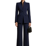 Two-Piece Suit Set - Sophisticated High-Collar Blazer & Wide-Leg Trousers Set