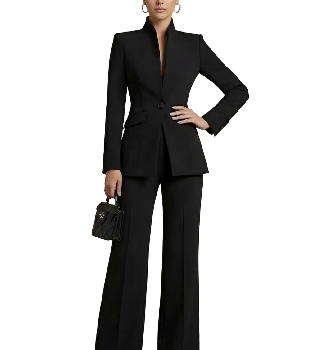 Two-Piece Suit Set - Sophisticated High-Collar Blazer & Wide-Leg Trousers Set