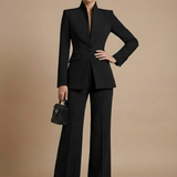 Two-Piece Suit Set - Sophisticated High-Collar Blazer & Wide-Leg Trousers Set