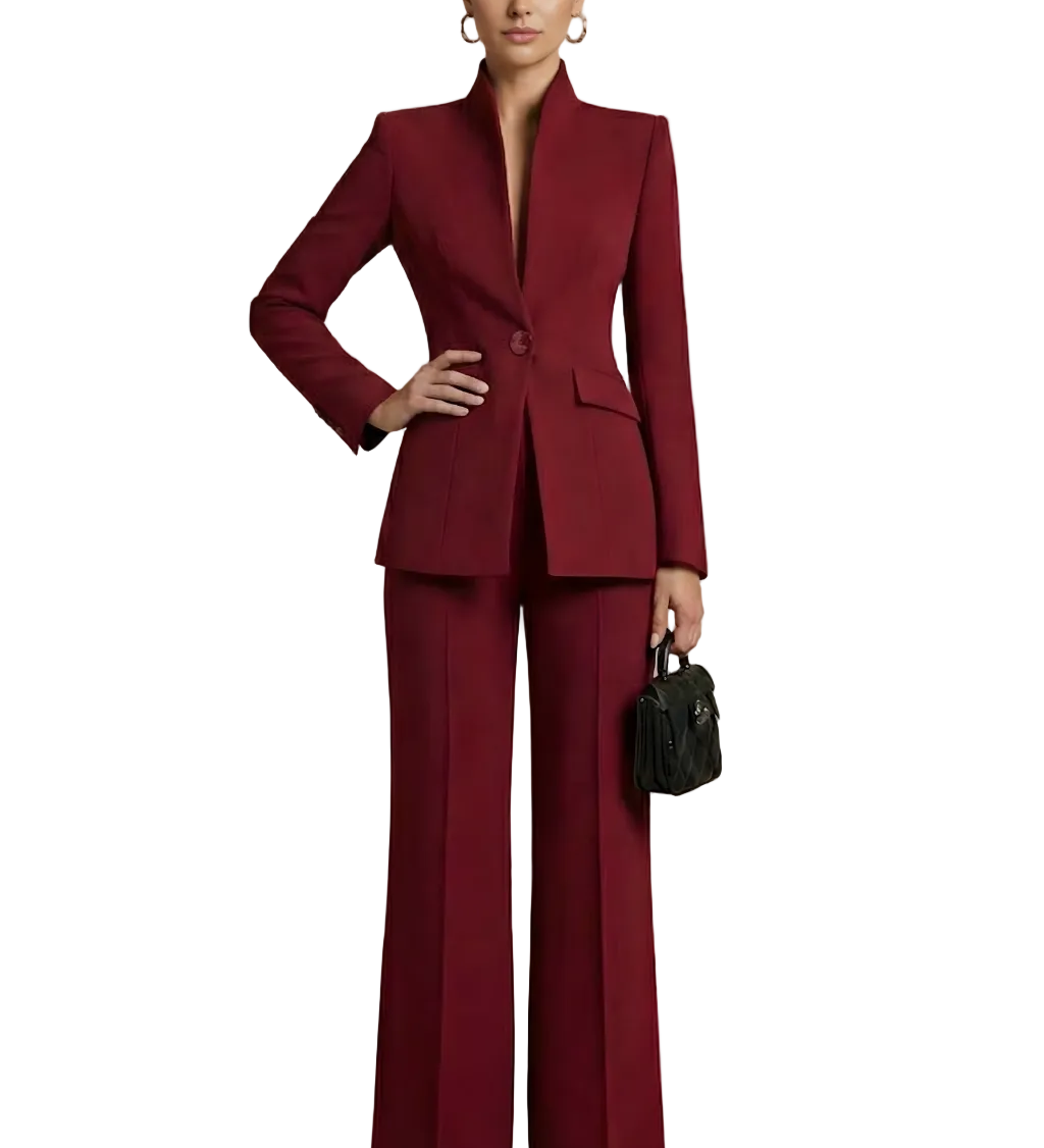 Two-Piece Suit Set - Sophisticated High-Collar Blazer & Wide-Leg Trousers Set