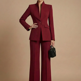 Two-Piece Suit Set - Sophisticated High-Collar Blazer & Wide-Leg Trousers Set