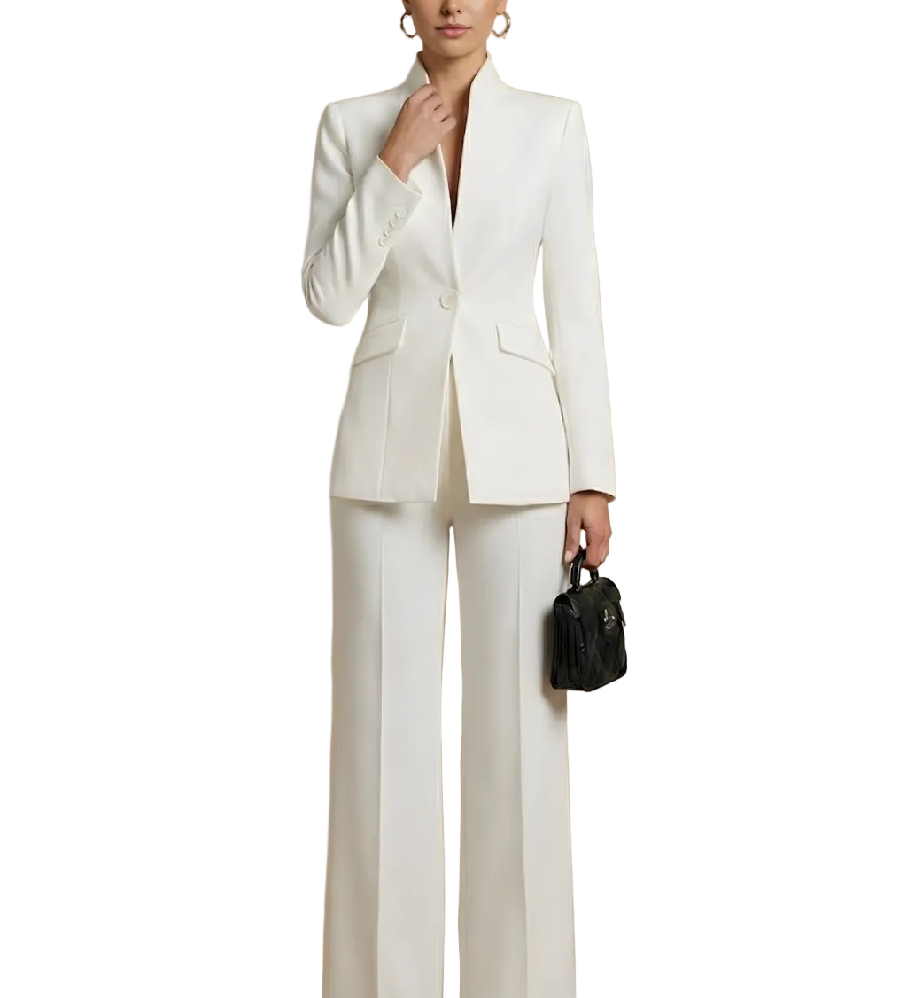 Two-Piece Suit Set - Sophisticated High-Collar Blazer & Wide-Leg Trousers Set