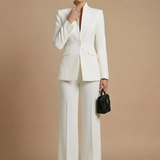 Two-Piece Suit Set - Sophisticated High-Collar Blazer & Wide-Leg Trousers Set