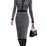 HOUNDSTOOTH KNIT MIDI DRESS – CONTRAST COLLAR