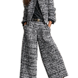 TWEED PRINT CROPPED JACKET & WIDE-LEG PANTS SET