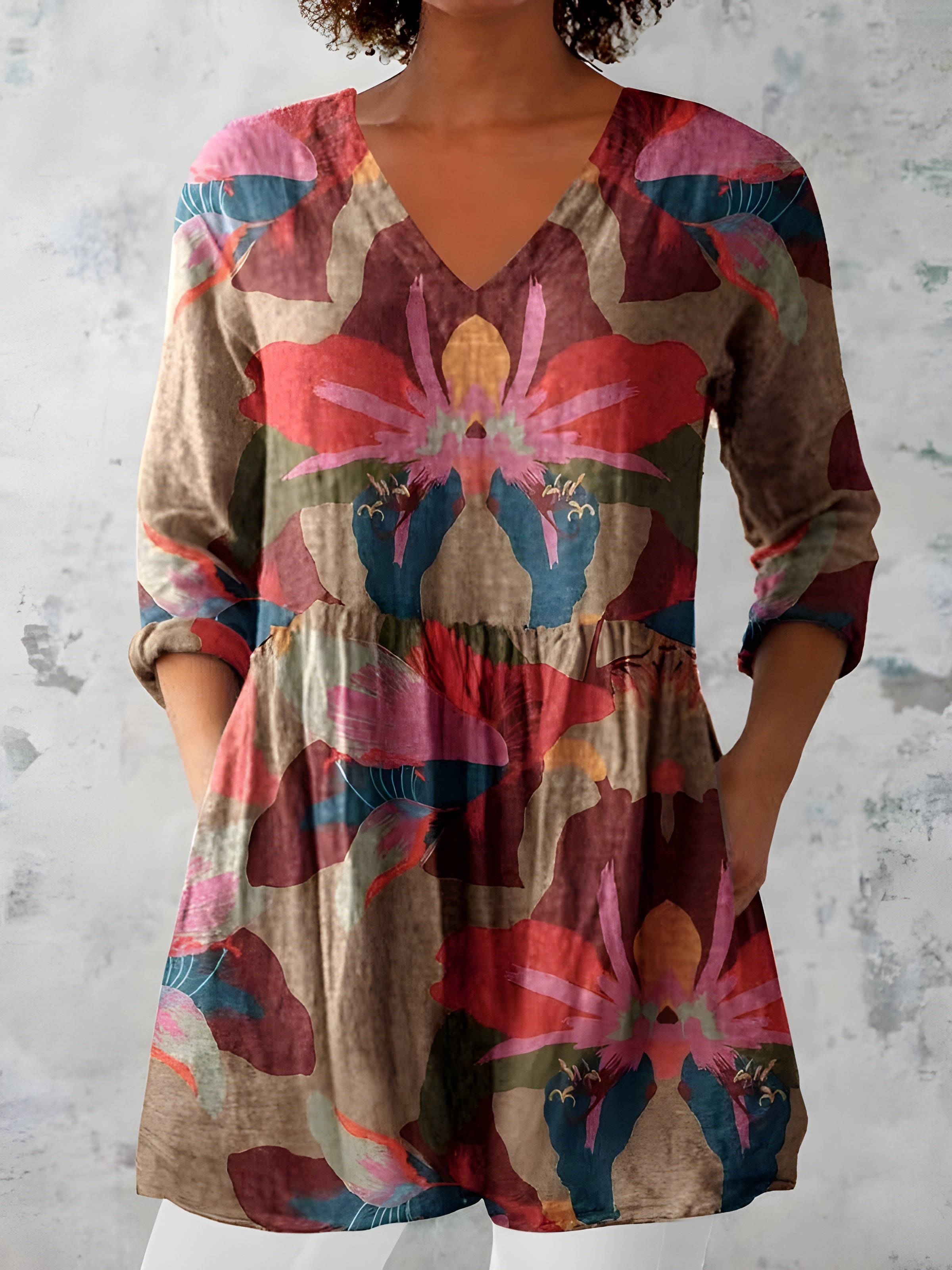 MULTICOLOUR LONG BLOUSE WITH V-NECK 3