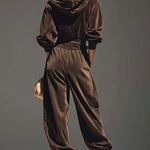 Vintage brown velvet hoodie and loose-fitting trousers set（Includes belt）