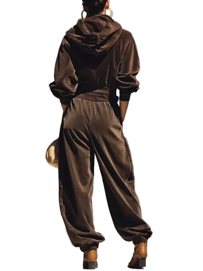 Vintage brown velvet hoodie and loose-fitting trousers set（Includes belt）