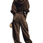 Vintage brown velvet hoodie and loose-fitting trousers set（Includes belt）