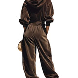 Vintage brown velvet hoodie and loose-fitting trousers set（Includes belt）