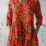 RED ORANGE LONG BLOUSE WITH V-NECK