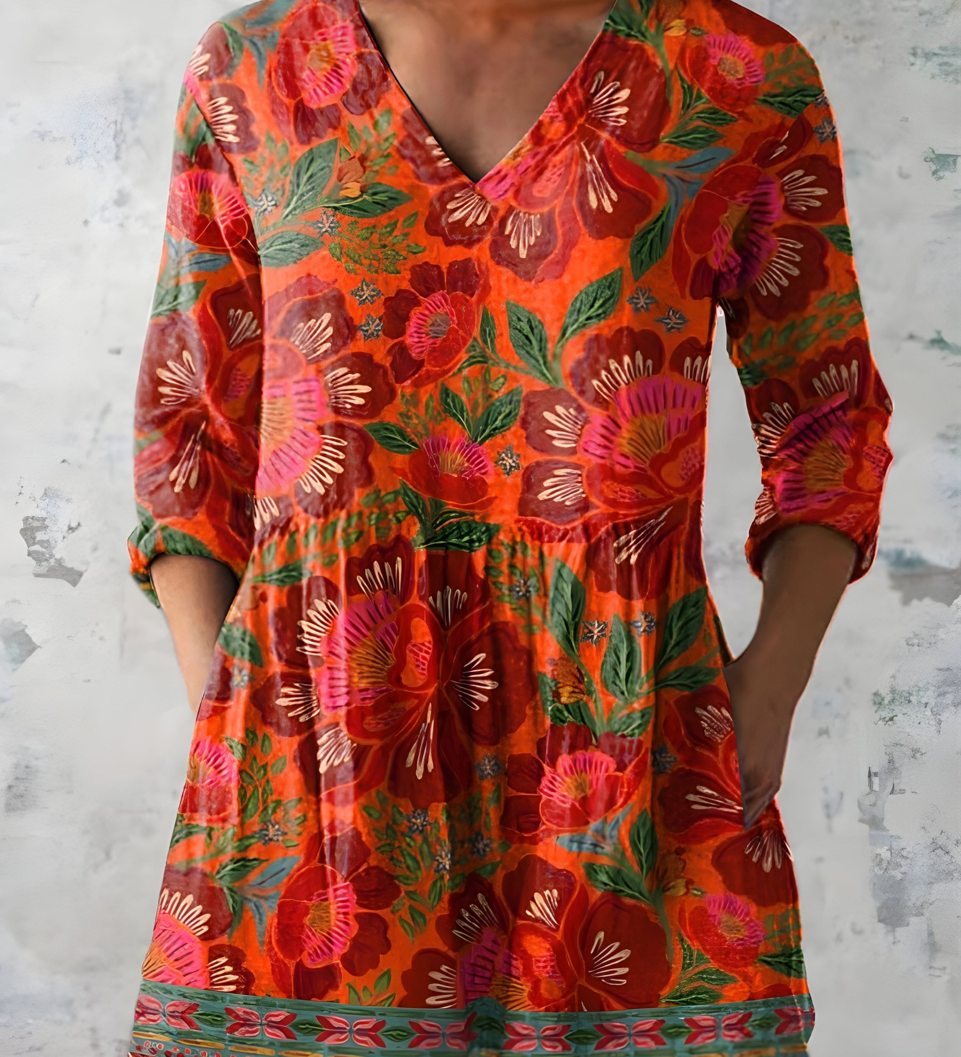 RED ORANGE LONG BLOUSE WITH V-NECK