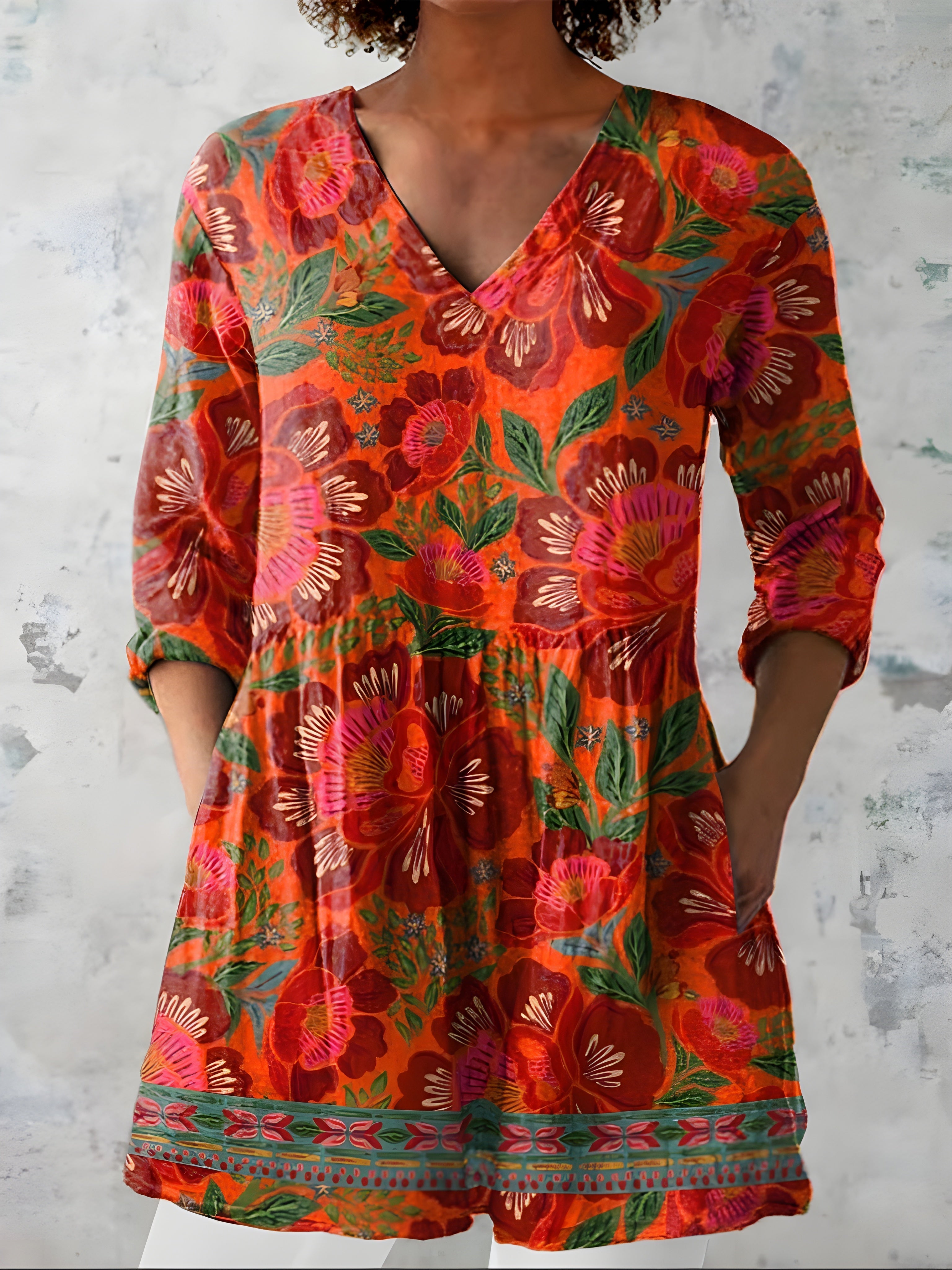 RED ORANGE LONG BLOUSE WITH V-NECK