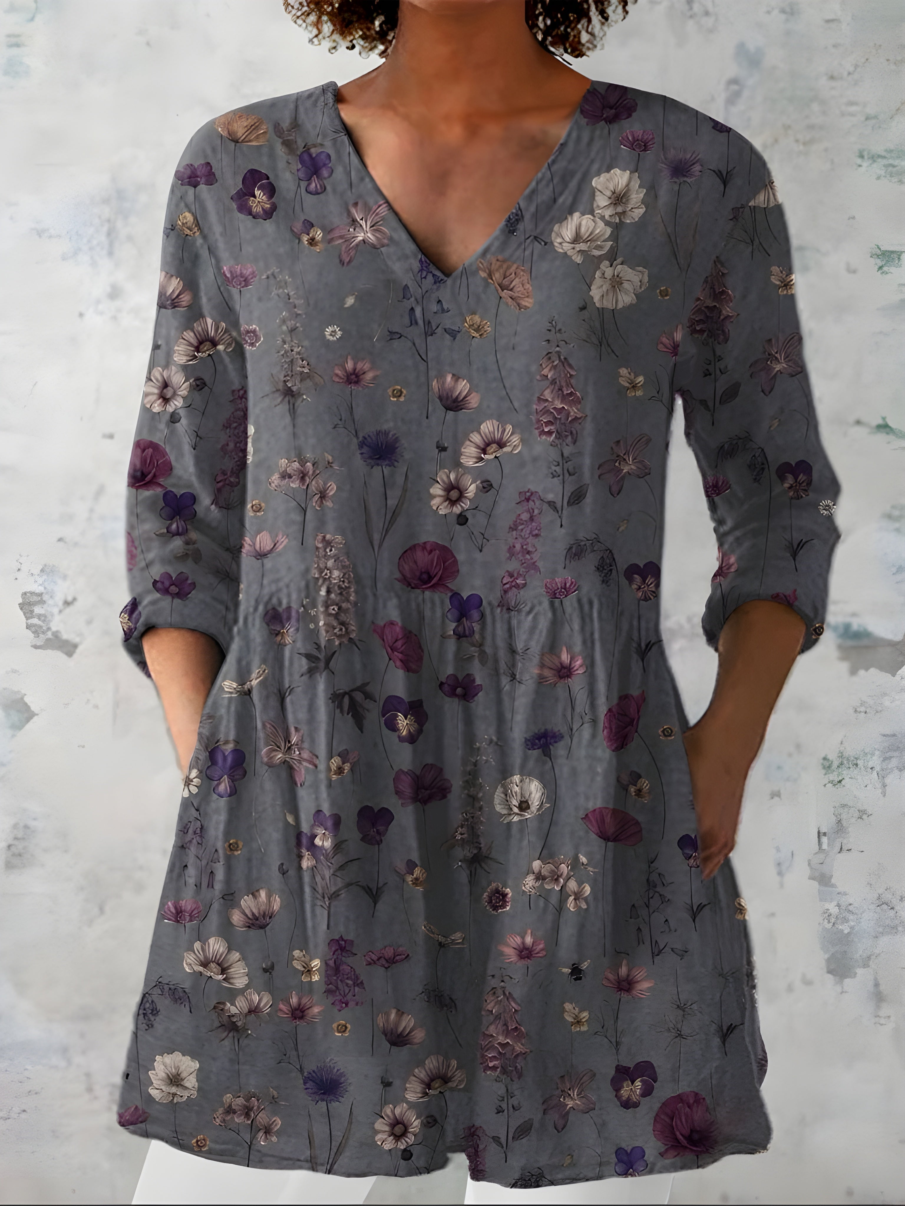 GREY LONG BLOUSE WITH V-NECK 2