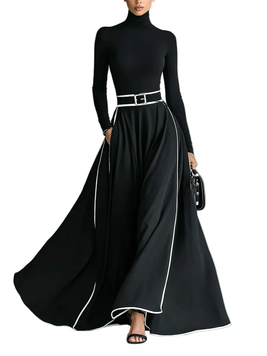 Women's Black Stitching White Trim High Collar Long Sleeve Tight Belt Maxi Dress MDA1031G0Y