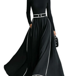 Women's Black Stitching White Trim High Collar Long Sleeve Tight Belt Maxi Dress MDA1031G0Y