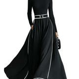 Women's Black Stitching White Trim High Collar Long Sleeve Tight Belt Maxi Dress MDA1031G0Y