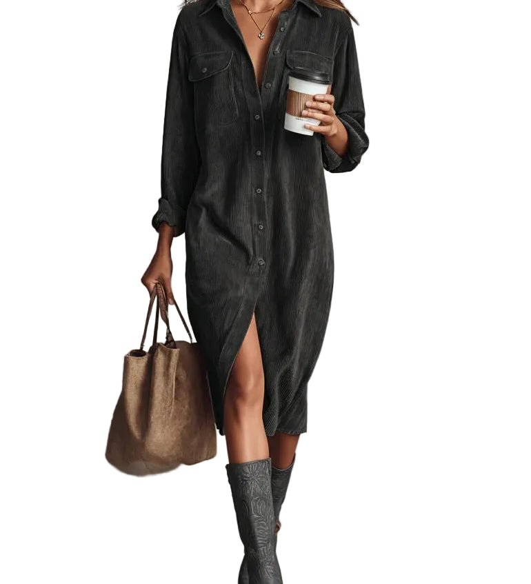 Loose Corduroy Double Chest Pocket Single Breasted Midi Dress