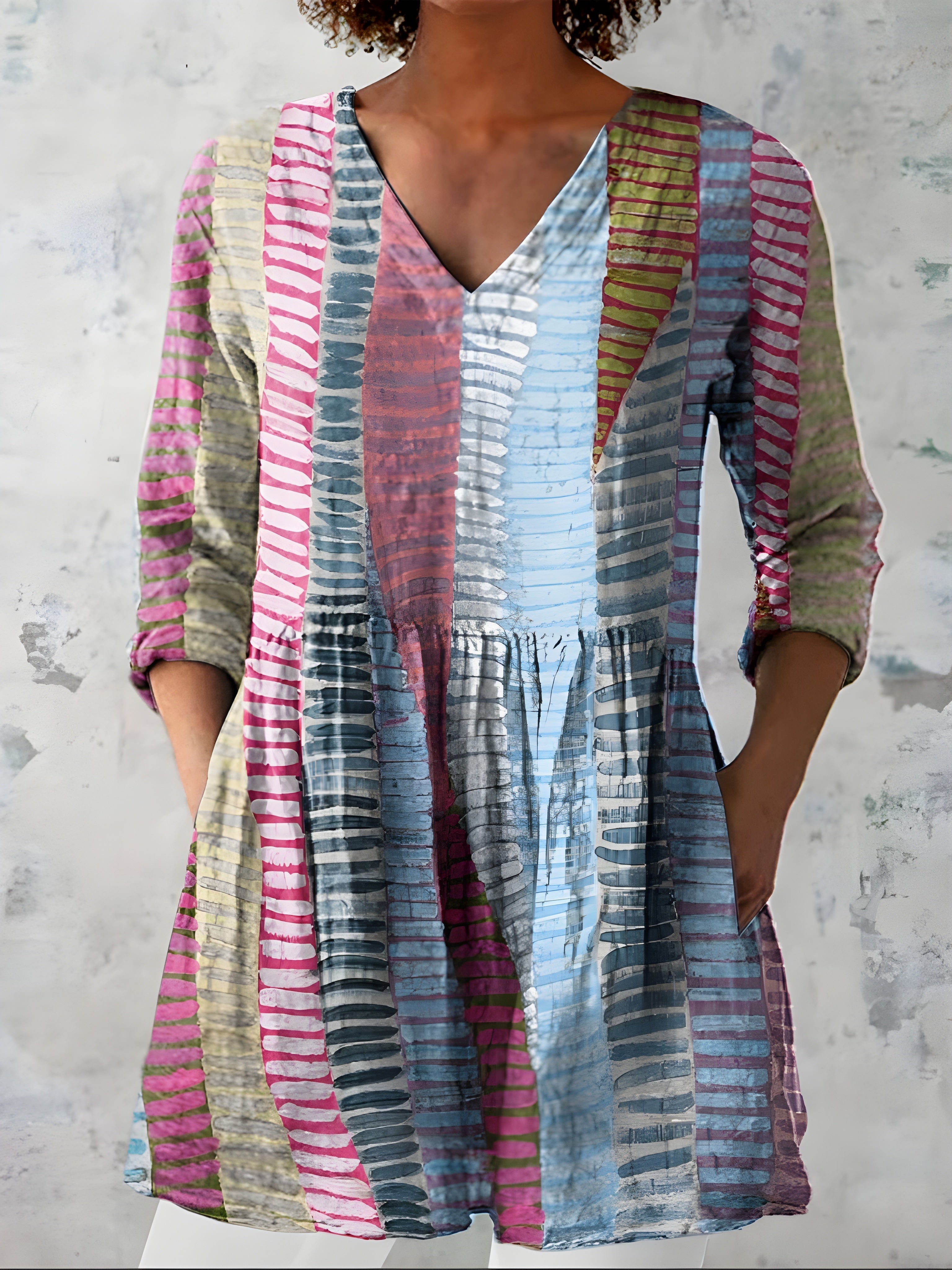 MULTICOLOUR LONG BLOUSE WITH V-NECK 4
