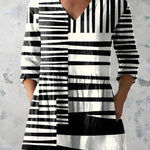 BLACK & WHITE LONG BLOUSE WITH V-NECK