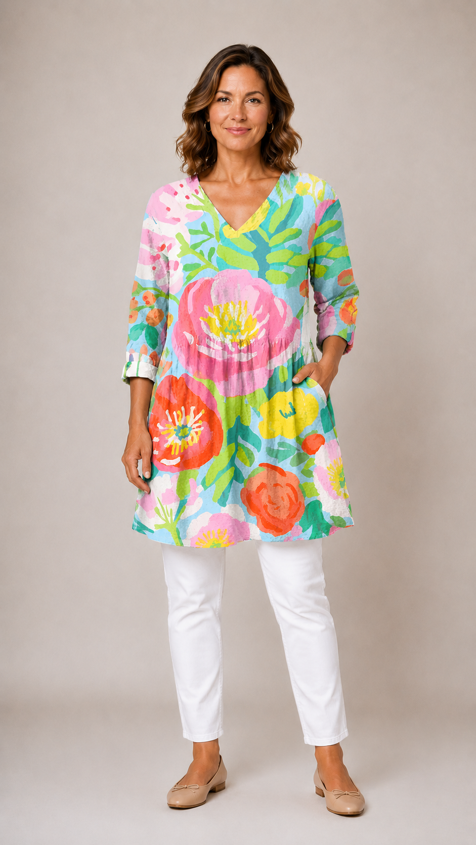 MULTICOLOUR LONG BLOUSE WITH V-NECK 14