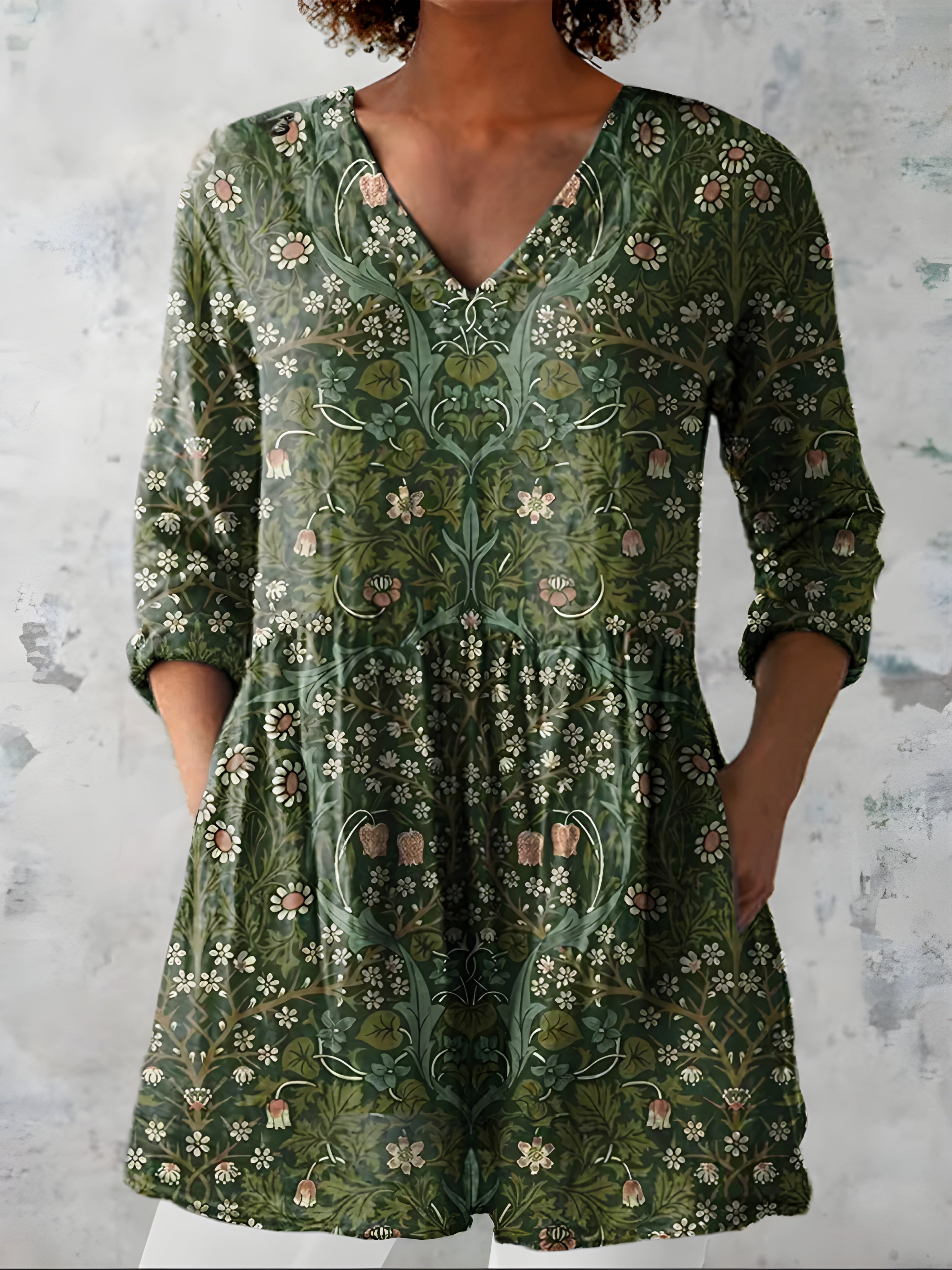 GREEN LONG BLOUSE WITH V-NECK 2
