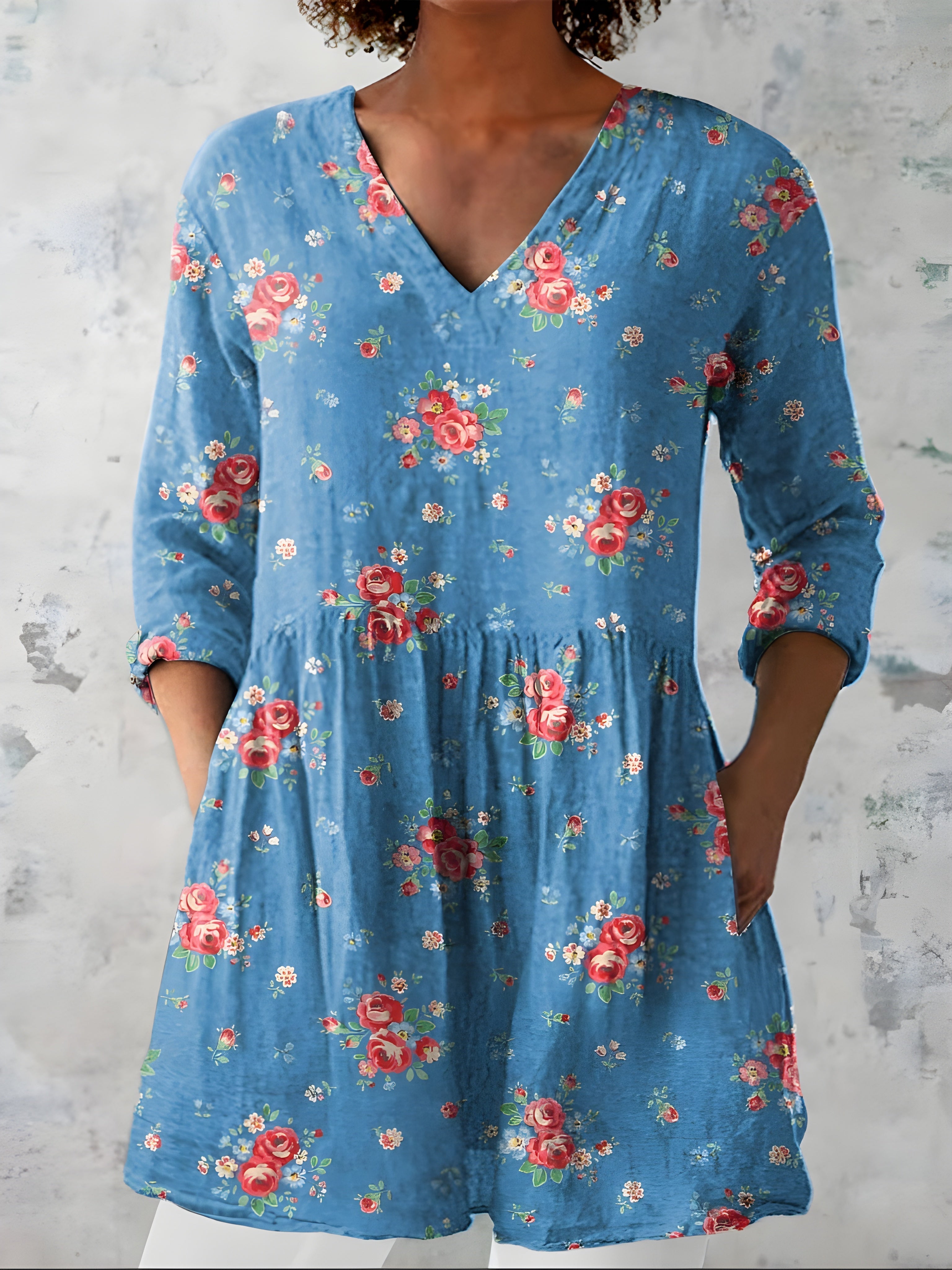 BLUE LONG BLOUSE WITH V-NECK 2