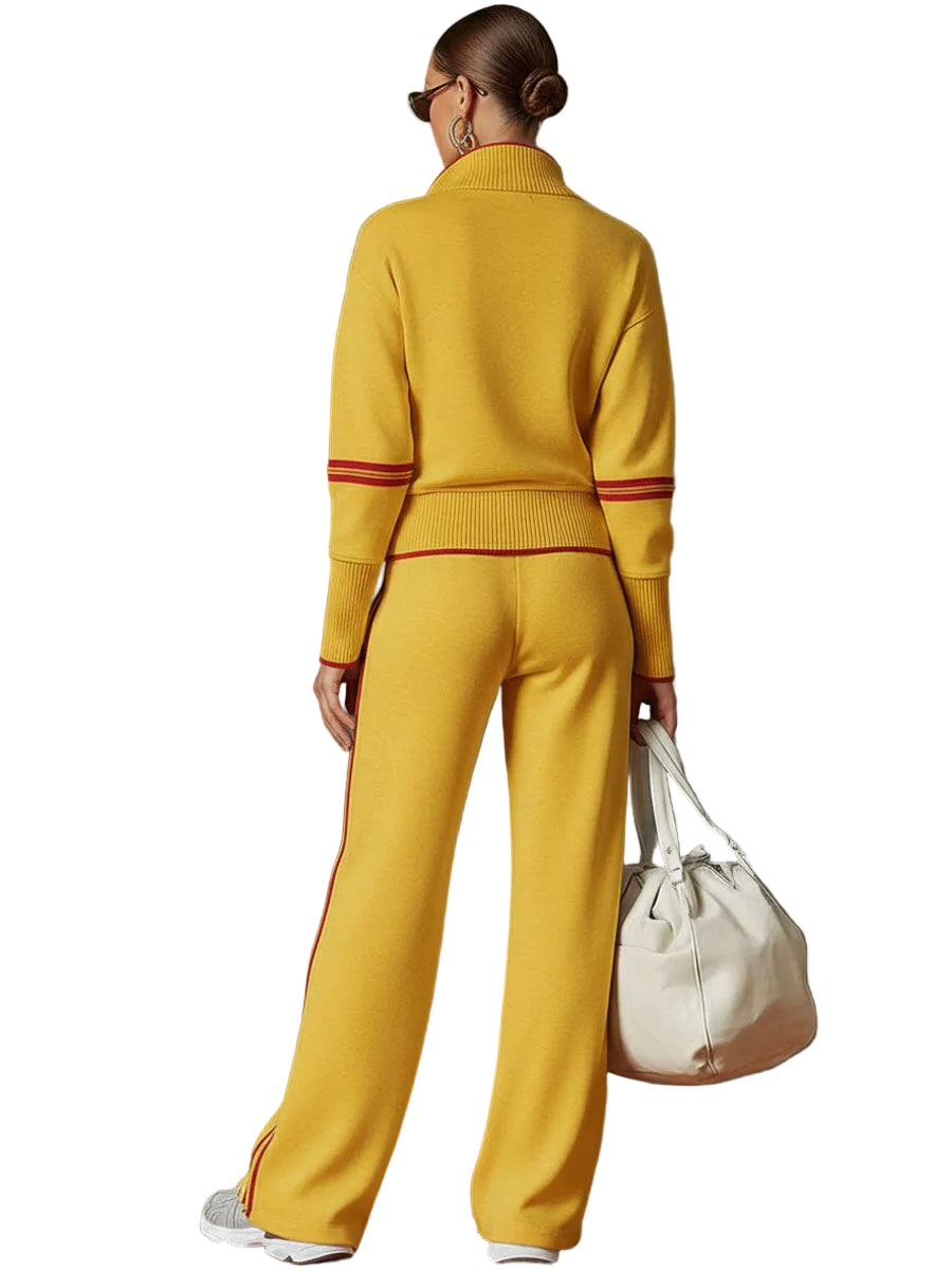 Retro Sporty Webbing Grey-white Half-zip Sweatshirt And Wide-leg Pants Set