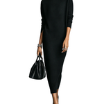 Women's Elegant Black Knitted Turtleneck Long-sleeved Loose-fitting  Midi Dress With No Pockets MDA1974L7AN