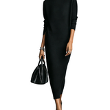 Women's Elegant Black Knitted Turtleneck Long-sleeved Loose-fitting  Midi Dress With No Pockets MDA1974L7AN