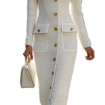 Ivory Tweed Button-Down Midi Dress With Patch Pockets