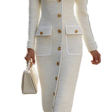 Ivory Tweed Button-Down Midi Dress With Patch Pockets