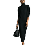 Women's Elegant Black Knitted Turtleneck Long-sleeved Loose-fitting  Midi Dress With No Pockets MDA1974L7AN