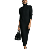 Women's Elegant Black Knitted Turtleneck Long-sleeved Loose-fitting  Midi Dress With No Pockets MDA1974L7AN